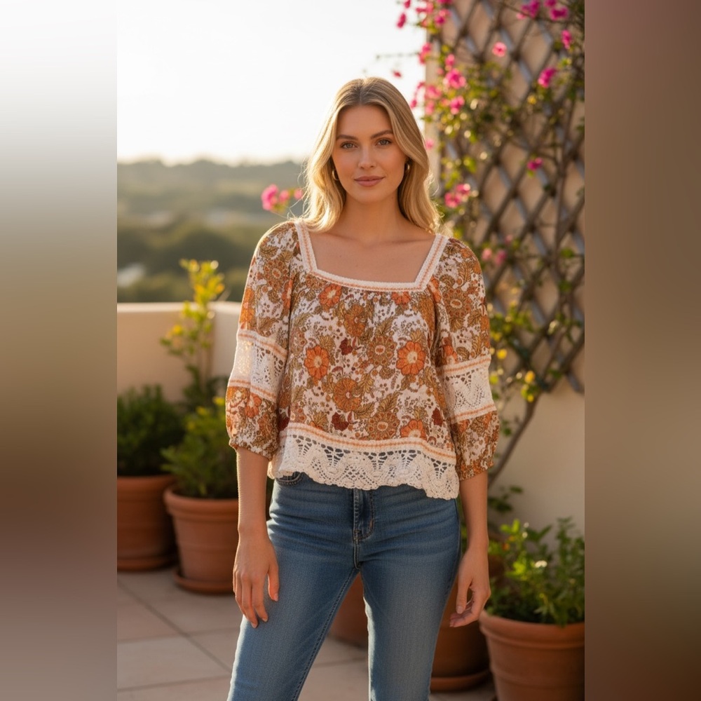 Rachel Zoe Cream and Rust Floral Square-Neck Peasant Top